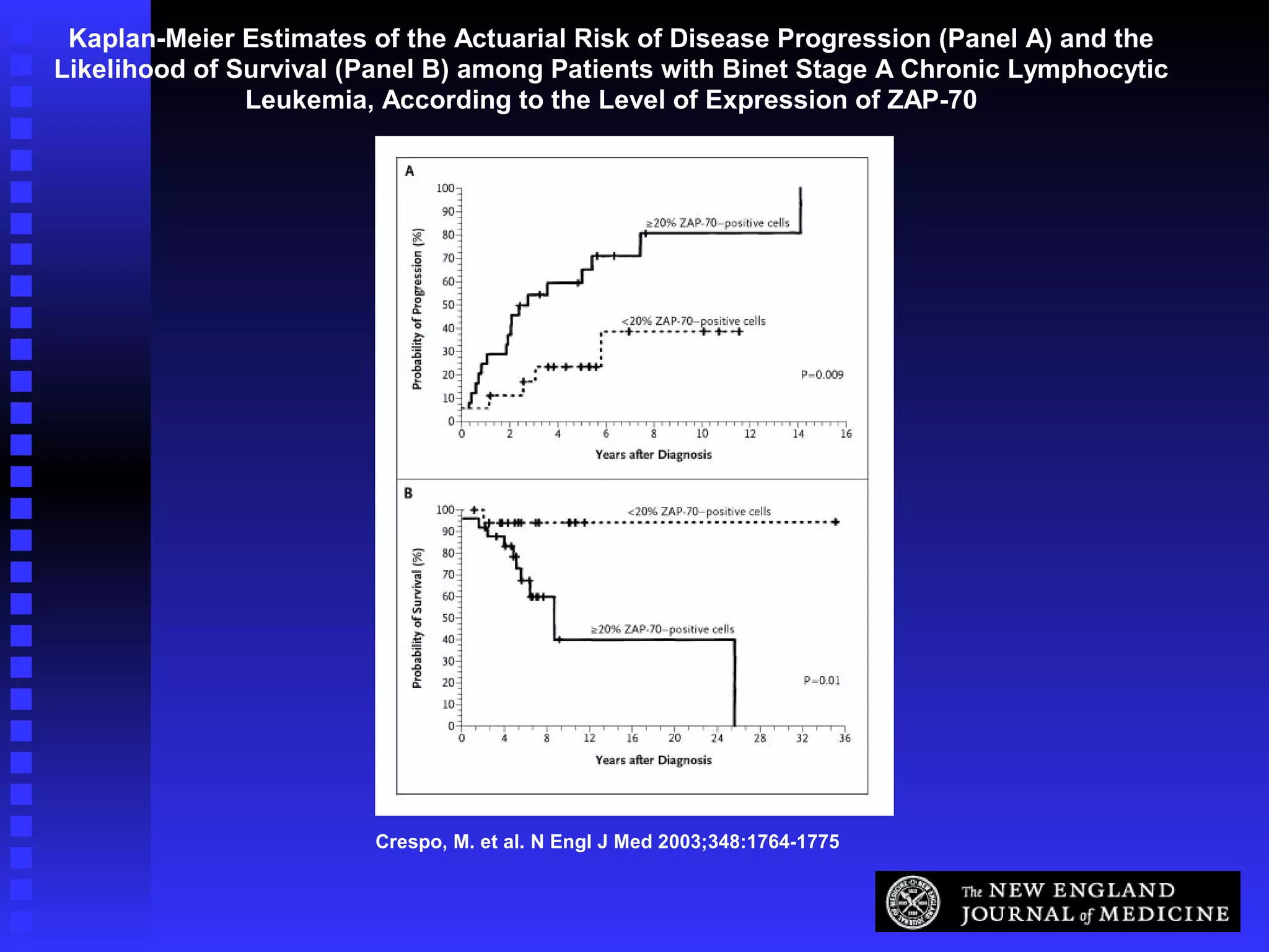 Crespo, M. et al. N Engl J Med 2003;348:1764-1775
Kaplan-Meier Estimates of the Actuarial Risk of Disease Progression (Panel A) and the
Likelihood of Survival (Panel B) among Patients with Binet Stage A Chronic Lymphocytic
Leukemia, According to the Level of Expression of ZAP-70
 