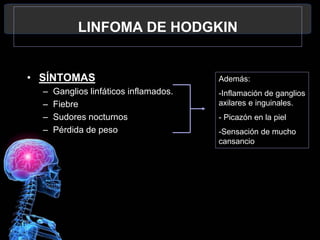 11
LINFOMA DE HODGKIN
• SÍNTOMAS
– Ganglios linfáticos inflamados.
– Fiebre
– Sudores nocturnos
– Pérdida de peso
Además:
-Inflamación de ganglios
axilares e inguinales.
- Picazón en la piel
-Sensación de mucho
cansancio
 