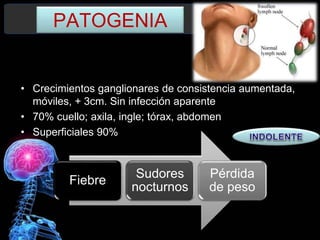 PATOGENIA
• Crecimientos ganglionares de consistencia aumentada,
móviles, + 3cm. Sin infección aparente
• 70% cuello; axila, ingle; tórax, abdomen
• Superficiales 90%
Fiebre
Sudores
nocturnos
Pérdida
de peso
 