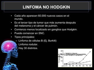 17
LINFOMA NO HODGKIN
• Cada año aparecen 60.000 nuevos casos en el
mundo.
• Es el tercer tipo de tumor que más aumenta después
del melanoma y el cáncer de pulmón.
• Comienzo menos localizado en ganglios que Hodgkin.
• Puede comenzar en SNC.
• Tipos principales:
– Linfoma de células B (Ej. Burkitt)
– Linfoma nodular.
– Hay 30 distintos.
(Datos EEUU. Crecimiento extrapolable
a Europa)
 