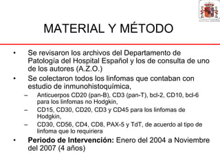 MATERIAL Y MÉTODO
•       Se revisaron los archivos del Departamento de
        Patología del Hospital Español y los de consulta de uno
        de los autores (A.Z.O.)
•       Se colectaron todos los linfomas que contaban con
        estudio de inmunohistoquímica,
    –     Anticuerpos CD20 (pan-B), CD3 (pan-T), bcl-2, CD10, bcl-6
          para los linfomas no Hodgkin,
    –     CD15, CD30, CD20, CD3 y CD45 para los linfomas de
          Hodgkin,
    –     CD30, CD56, CD4, CD8, PAX-5 y TdT, de acuerdo al tipo de
          linfoma que lo requiriera
•       Periodo de Intervención: Enero del 2004 a Noviembre
        del 2007 (4 años)
 