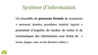 Système d’information
Un ensemble de processus formels de ressources
« personnel, données, procédures, matériel, logiciel »
permettant d’acquérir, de stocker, de traiter et de
communiquer des informations sous forme de «
textes, images, sons, ou des données codées ».
 
