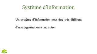 Système d’information
Un système d’information peut être très différent
d’une organisation à une autre.
 