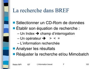La recherche dans BREF Sélectionner un CD-Rom de données Établir son équation de recherche : Un Index    champ d’interrogation Un opérateur     >  <  = L’information recherchée Analyser les résultats Réajuster la recherche et/ou Mimobatch 