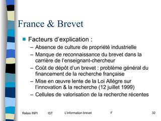 France & Brevet Facteurs d’explication : Absence de culture de propriété industrielle Manque de reconnaissance du brevet dans la carrière de l’enseignant-chercheur Coût de dépôt d’un brevet : problème général du financement de la recherche française Mise en œuvre lente de la Loi Allègre sur l’innovation & la recherche (12 juillet 1999) Cellules de valorisation de la recherche récentes 