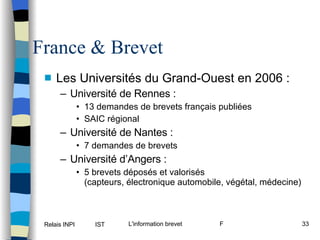 France & Brevet Les Universités du Grand-Ouest en 2006 : Université de Rennes : 13 demandes de brevets français publiées  SAIC régional Université de Nantes : 7 demandes de brevets Université d’Angers : 5 brevets déposés et valorisés  (capteurs, électronique automobile, végétal, médecine) 