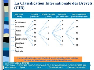 La Classification Internationale des Brevets (CIB) SECTION (1 lettre) A Vie courante B Transports C Chimie D Textiles E Constructions F Mécanique G Physique H Électricité CLASSE (2 chiffres) 01 02 03 04 05 06 07 SOUS- CLASSE (1 lettre) B C D G H GROUPE (1 à 3 chiffres) 1 3 5 7 9 11 SOUS- GROUPE (plusieurs chiffres) 02 04 06 08 10 DOMAINE  TECHNIQUE La classification permet d'obtenir une indexation très précise de tous les domaines comportant 69 000 entrées Exemple:  A63C-009/08 SECTION  A   CLASSE A63   SOUS-CLASSE  A63C  GROUPE  A63C 9/00  SOUS-GROUPE A63C 9/08 Vie courante  Sport  Skis   Fixation de skis  Fixations de sécurité 
