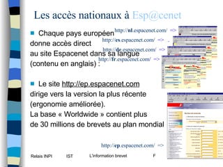 Les accès nationaux à  [email_address] Chaque pays européen donne accès direct au site Espacenet dans sa langue  (contenu en anglais) : Le site  http://ep.espacenet.com dirige vers la version la plus récente (ergonomie améliorée).  La base « Worldwide » contient plus  de 30 millions de brevets au plan mondial http:// nl .espacenet.com/   => http:// es .espacenet.com/   =>  .  http:// de .espacenet.com /  =>  . http:// fr .espacenet.com /  =>  . http:// ep .espacenet.com/  => 