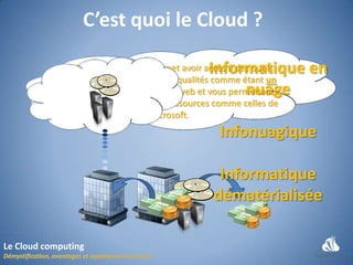 C’est quoi le Cloud ?

                                                Informatique en
             Le Cloud Computing, permet avoir accès à des outils
            professionnels et de grandes qualités comme étant un
                                                     nuage
             Service dispensé à travers le web et vous permettant
            de bénificier d’imposantes ressources comme celles de
                                   Microsoft.
                                                  Infonuagique

                                                  Informatique
                                                 dématérialisée

Le Cloud computing
 
