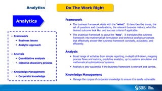 Copyright © 2012, SAS Institute Inc. All rights reserved.
Analytics
 Framework
 Business issues
 Analytic approach
 Analysis
 Quantitative analysis
 Iterative discovery process
 Knowledge Management
 Corporate knowledge
Framework
 The business framework deals with the “what”. It describes the issues, the
set of questions and considerations, the relevant business metrics, what the
desired outcome look like, and success criteria if applicable.
 The analytical framework is about the “how”. It translates the business
framework into mathematical formulation and technical analysis processes
that effectively answer the business framework concisely, accurately, and
efficiently.
Analysis
 Broad range of activities from simple reporting, in-depth drill-down, mapping
process flows and metrics, predictive analytics, up to systems simulation and
mathematical optimization of systems.
 Analysis is only successful if the business framework is relevant and correct.
Knowledge Management
 Manage the corpus of corporate knowledge to ensure it is easily retrievable
Do The Work RightDo The Work Right
AnalyticsAnalytics
 