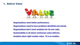 Copyright © 2012, SAS Institute Inc. All rights reserved.
Organizations want better performance.
Organizations need to have problems identified and solved.
Organizations don’t want analytics for its own sake.
Sustainability is all about continuous value delivery.
Analytics done right creates value. It is an enabler.
1. Deliver Value
 