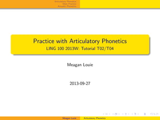 Articulatory Phonetics
More Practice
Acoustic Phonetics
Practice with Articulatory Phonetics
LING 100 2013W: Tutorial T02/T04
Meagan Louie
2013-09-27
Meagan Louie Articulatory Phonetics
 