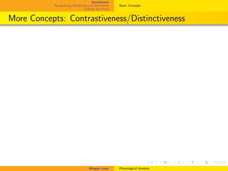 Introduction
Recognizing Allophones and Phonemes
Syllable Structure
Basic Concepts
More Concepts: Contrastiveness/Distinctiveness
Meagan Louie Phonological Analysis
 