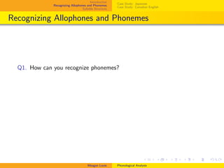Introduction
Recognizing Allophones and Phonemes
Syllable Structure
Case Study: Japanese
Case Study: Canadian English
Recognizing Allophones and Phonemes
Q1. How can you recognize phonemes?
Meagan Louie Phonological Analysis
 