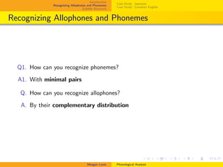 Introduction
Recognizing Allophones and Phonemes
Syllable Structure
Case Study: Japanese
Case Study: Canadian English
Recognizing Allophones and Phonemes
Q1. How can you recognize phonemes?
A1. With minimal pairs
Q. How can you recognize allophones?
A. By their complementary distribution
Meagan Louie Phonological Analysis
 