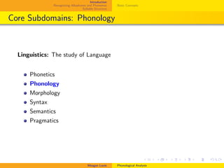 Introduction
Recognizing Allophones and Phonemes
Syllable Structure
Basic Concepts
Core Subdomains: Phonology
Linguistics: The study of Language
Phonetics
Phonology
Morphology
Syntax
Semantics
Pragmatics
Meagan Louie Phonological Analysis
 