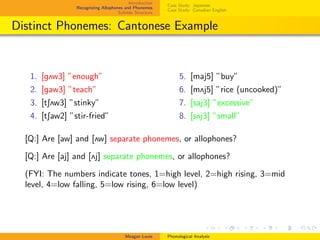 Introduction
Recognizing Allophones and Phonemes
Syllable Structure
Case Study: Japanese
Case Study: Canadian English
Distinct Phonemes: Cantonese Example
1. [g2w3] ”enough”
2. [gaw3] ”teach”
3. [tS2w3] ”stinky”
4. [tSaw2] ”stir-fried”
5. [maj5] ”buy”
6. [m2j5] ”rice (uncooked)”
7. [saj3] ”excessive”
8. [s2j3] ”small”
[Q:] Are [aw] and [2w] separate phonemes, or allophones?
[Q:] Are [aj] and [2j] separate phonemes, or allophones?
(FYI: The numbers indicate tones, 1=high level, 2=high rising, 3=mid
level, 4=low falling, 5=low rising, 6=low level)
Meagan Louie Phonological Analysis
 