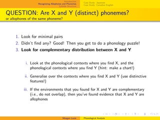 Introduction
Recognizing Allophones and Phonemes
Syllable Structure
Case Study: Japanese
Case Study: Canadian English
QUESTION: Are X and Y (distinct) phonemes?
or allophones of the same phoneme?
1. Look for minimal pairs
2. Didn’t ﬁnd any? Good! Then you get to do a phonology puzzle!
3. Look for complementary distribution between X and Y
i. Look at the phonological contexts where you ﬁnd X, and the
phonological contexts where you ﬁnd Y (hint: make a chart!)
ii. Generalise over the contexts where you ﬁnd X and Y (use distinctive
features!)
iii. If the environments that you found for X and Y are complementary
(i.e., do not overlap), then you’ve found evidence that X and Y are
allophones
Meagan Louie Phonological Analysis
 
