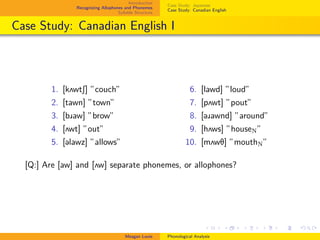 Introduction
Recognizing Allophones and Phonemes
Syllable Structure
Case Study: Japanese
Case Study: Canadian English
Case Study: Canadian English I
1. [k2wtS] ”couch”
2. [tawn] ”town”
3. [bôaw] ”brow”
4. [2wt] ”out”
5. [@lawz] ”allows”
6. [lawd] ”loud”
7. [p2wt] ”pout”
8. [@ôawnd] ”around”
9. [h2ws] ”houseN”
10. [m2wT] ”mouthN”
[Q:] Are [aw] and [2w] separate phonemes, or allophones?
Meagan Louie Phonological Analysis
 