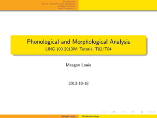 Introduction
Review: Phonemes and Allophones
Syllable Structure
Word Formation I
Phonological and Morphological Analysis
LING 100 2013W: Tutorial T02/T04
Meagan Louie
2013-10-18
Meagan Louie Morphophonology
 
