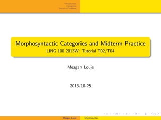 Introduction
Categories
Practice Problems
Morphosyntactic Categories and Midterm Practice
LING 100 2013W: Tutorial T02/T04
Meagan Louie
2013-10-25
Meagan Louie Morphosyntax
 