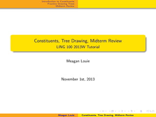Introduction to Constituents
Practice Drawing Trees
Midterm Review
Constituents, Tree Drawing, Midterm Review
LING 100 2013W Tutorial
Meagan Louie
November 1st, 2013
Meagan Louie Constituents, Tree Drawing, Midterm Review
 