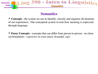 Semantics
Semantics
Semantics
 Concepts - the system we use to identify, classify and organize all elements
of our experiences. Our conceptual system reveals how meaning is expressed
through language.
 Fuzzy Concepts - concepts that can differ from person to person - no clear-
cut boundaries - expensive or even smart, beautiful, ugly
Semantics
Slide
12
 