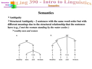 Semantics
Semantics
Semantics
Ambiguity
Structural Ambiguity - 2 sentences with the same word order but with
different meanings due to the structural relationship that the sentences
have (e.g., I met the woman standing by the water cooler.)
wealthy men and women
Semantics
Slide
20
 