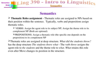 Semantics
Semantics
Semantics
 Thematic Roles assignment - Thematic roles are assigned to NPs based on
their position within the sentence. Typically, verbs and prepositions assign
thematic roles.
 VERBS: Assign the agent role to its subject NP; Assign the theme role to its
complement NP (Both are optional)
PREPOSITIONS: Assign a thematic role (the specific one depends on the
preposition) to its complement NP
Thematic roles are assigned at deep structure. What did the students throw?
has the deep structure The students threw what - The verb threw assigns the
agent role to the students and the theme role to what. What retains this role
even after Move changes its position in the structure.
Semantics
Slide
24
 