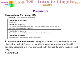 Semantics
Semantics
Pragmatics
Conversational Maxims (p. 233)
Conversational Implicature: During the course of the conversation, we are
often able to make inferences about what is meant but was not actually said.
Implying a meaning in a given conversation by flouting the above maxims. (Not
lying)
EXAMPLES?
Semantics
Slide
37
 