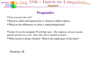 Semantics
Semantics
Pragmatics
Can you pass the salt?
Parent to child with injured arm vs. Parent to child at dinner.
What are the differences in what is implied/implicated?
Letter of rec for computer IT job that says: The employee always speaks
quietly and dresses well. Also, they don’t eat fish at lunch....
What maxim is being violated? What is the implicature of the letter?
38
Semantics
Slide
Exercise 18
 