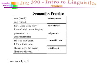 Semantics
Semantics
Semantics Practice
steal (to rob)
steel (metal)
I saw Craig at the party.
It was Craig I saw at the party.
grass (cows eat)
grass (marijuana)
Jeff is an only child.
Jeff’s sister is Julie.
The cat killed the mouse.
The mouse is dead.
homophones
entailment
paraphrase
polysemes
contradiction
5
Semantics
Practice
Exercises 1, 2, 3
 