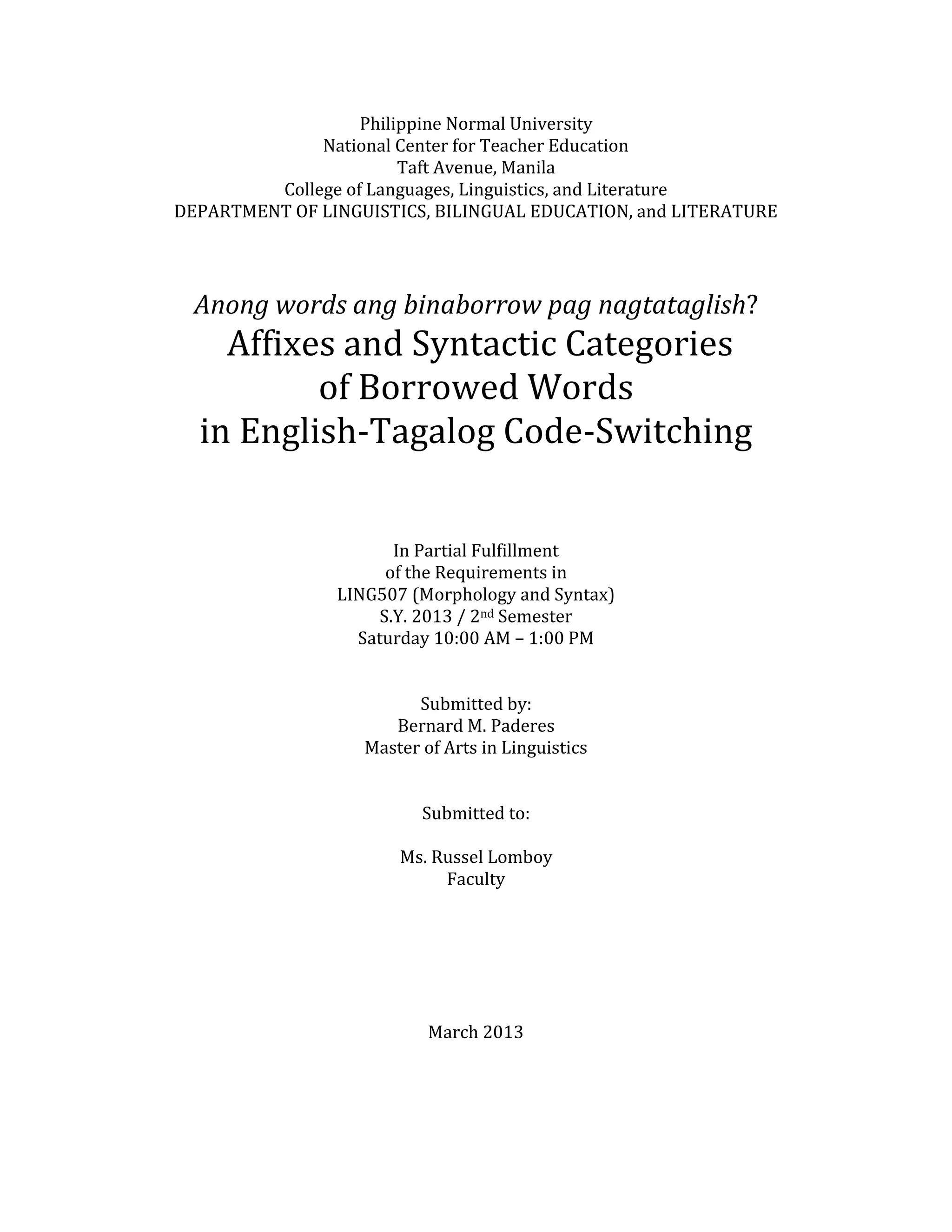 Ling 507 Affixes and Syntactic Categories of Borrowed Words in English ...