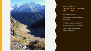 W H A T D O E S
L E A R N E R A U T O N O M Y
F A C I L I T A T E ?
Self-paced structure
Focus on the unique needs of
the learner
Finding one’s own path; self-
directed learning as a life skill
(John Dewey self-directed
learning theories)
 