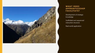 W H A T D O E S
A P P R E N T I C E S H I P
F A C I L I T A T E ?
Development of strategic
knowledge
Scaffolded and sequenced
instruction structure
Real-world application
 