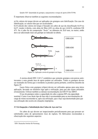 11
Quadro XIV: Quantidade de grampos, espaçamentos e torque de aperto (EB-675/90)
É importante observar também as seguintes recomendações:
a) Os valores de torque devem ser aplicados em grampos sem lubrificação. Em caso de
lubrificação, os valores têm que ser recalculados.
b) O cálculo dos valores de torque é baseado em cabos de aço da classificação 6x19 ou
6x37, torção à direita, com alma de fibra (AF) ou alma de aço (AACI), conforme EB
471. Se o cabo for de composição “Seale” no diâmetro de 26,0 mm, ou maior, então
deve ser adicionado mais um grampo ao indicado na tabela.
Figura 29: Aplicação correta de grampos em lingas.
A norma alemã DIN 1142 (1
) estabelece que somente grampos com porcas auto-
travantes e uma grande área de apoio podem ser utilizados. Todos os grampos devem
ser montados de forma que o mordente se prenda à perna portante, conforme desenho da
figura 29.
Laços feitos com grampos (clipes) devem ser utilizados apenas para uma única
aplicação, devendo ser desfeitos logo após a utilização, para que não sejam utilizados
erroneamente. Utilizar também as demais recomendações da EB-675 da ABNT.
O uso de grampos reduz a capacidade do cabo a apenas 80% da capacidade
nominal. Como o uso deste tipo de laço não é recomendado para as movimentações de
carga de rotina recomenda-se, após sua utilização, que o laço seja desmontado para que
sua utilização não ocorra em situações impróprias.
3.7.2.6 Inspeção e Substituição dos Cabos de Aço em Uso
Os cabos de aço devem ser inspecionados periodicamente para que possam ser
substituídos antes de apresentarem risco de ruptura. Os fabricantes recomendam a
observação dos seguintes aspectos:
1
DIN: Deutsches Institut für Normung
ERRADO
ERRADO
CERTO
ERRADO
 