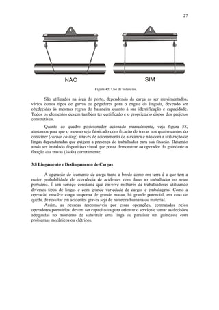 27
Figura 45: Uso de balancins.
São utilizados na área do porto, dependendo da carga as ser movimentados,
vários outros tipos de garras ou pegadores para o engate da lingada, devendo ser
obedecidas às mesmas regras do balancim quanto à sua identificação e capacidade.
Todos os elementos devem também ter certificado e o proprietário dispor dos projetos
construtivos.
Quanto ao quadro posicionador acionado manualmente, veja figura 58,
alertamos para que o mesmo seja fabricado com fixação de travas nos quatro cantos do
contêiner (corner casting) através de acionamento de alavanca e não com a utilização de
lingas dependuradas que exigem a presença do trabalhador para sua fixação. Devendo
ainda ser instalado dispositivo visual que possa demonstrar ao operador do guindaste a
fixação das travas (locks) corretamente.
3.8 Lingamento e Deslingamento de Cargas
A operação de içamento de carga tanto a bordo como em terra é a que tem a
maior probabilidade de ocorrência de acidentes com dano ao trabalhador no setor
portuário. É um serviço constante que envolve milhares de trabalhadores utilizando
diversos tipos de lingas e com grande variedade de cargas e embalagens. Como a
operação envolve carga suspensa de grande massa, há grande potencial, em caso de
queda, de resultar em acidentes graves seja de natureza humana ou material.
Assim, as pessoas responsáveis por essas operações, contratadas pelos
operadores portuários, devem ser capacitadas para orientar o serviço e tomar as decisões
adequadas no momento de substituir uma linga ou paralisar um guindaste com
problemas mecânicos ou elétricos.
 