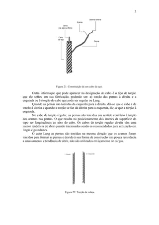 3
Figura 21: Constituição de um cabo de aço.
Outra informação que pode aparecer na designação do cabo é o tipo de torção
que ele sofreu em sua fabricação, podendo ser: a) torção das pernas à direita e a
esquerda ou b) torção do cabo que pode ser regular ou Lang.
Quando as pernas são torcidas da esquerda para a direita, diz-se que o cabo é de
torção à direita e quando a torção se faz da direita para a esquerda, diz-se que a torção à
esquerda.
No cabo de torção regular, as pernas são torcidas em sentido contrário à torção
dos arames nas pernas. O que resulta no posicionamento dos arames da superfície do
topo ser longitudinais ao eixo do cabo. Os cabos de torção regular direita têm uma
menor tendência de abrir quando tracionados sendo os recomendados para utilização em
lingas e guindastes.
O cabo Lang as pernas são torcidas na mesma direção que os arames foram
torcidos para formar as pernas e devido à sua forma de construção tem pouca resistência
a amassamento e tendência de abrir, não são utilizados em içamento de cargas.
Figura 22: Torção de cabos.
 