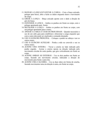 32
11. BAIXAR A LANÇA/LEVANTAR A CARGA – Com o braço esticado,
polegar para baixo, abra e feche os dedos enquanto durar o movimento
da carga;
12. GIRAR A LANÇA – Braço esticado aponte com o dedo a direção do
giro da lança;
13. ESTENDER A LANÇA – Ambos os punhos em frente ao corpo, com o
polegar apontando para frente;
14. RECOLHER A LANÇA – Ambos os punhos em frente ao corpo, com
um polegar apontando para o outro;
15. APOIAR A CARGA E USAR OUTROS SINAIS – Quando necessário o
uso de um cabo guia para estabilizar e direcionar a carga enquanto que
com a outra mão pode ser sinalizado o comando desejado;
16. USE O GUINCHO PRINCIPAL – Coloque o punho na cabeça e use os
outros sinais;
17. USE O GUINCHO AUXILIAR – Ponha a mão no cotovelo e use os
outros sinais;
18. ACIONE UMA ESTEIRA – Travar a esteira no lado indicado pelo
punho erguido. Acione a esteira oposta na direção indicada pelo
movimento circular do outro punho, que gira verticalmente em frente ao
corpo.
19. ACIONE AMBAS AS ESTEIRAS – Use os dois punhos em frente ao
corpo, fazendo um movimento circular, indicando a direção do
movimento para frente e para trás.
20. ACIONE UMA CAÇAMBA – Use as duas mãos em forma de concha,
fazendo movimentos uma em direção à outra, em frente ao corpo.
 