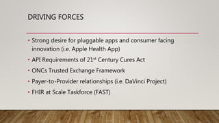 DRIVING FORCES
• Strong desire for pluggable apps and consumer facing
innovation (i.e. Apple Health App)
• API Requirements of 21st Century Cures Act
• ONCs Trusted Exchange Framework
• Payer-to-Provider relationships (i.e. DaVinci Project)
• FHIR at Scale Taskforce (FAST)
 
