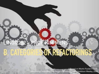 B. CATEGORIES OF REFACTORINGS
LINGI2252 – PROF. KIM MENS
* Based on Martin Fowler’s book: 
Refactoring: Improving the Design of Existing Code. ©Addison Wesley, 2000
*
 