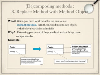 (De)composing methods : 
8. Replace Method with Method Object
25
What? When you have local variables but cannot use
	 extract method, turn the method into its own object,
	 with the local variables as its ﬁelds
Why? Extracting pieces out of large methods makes things more
comprehensible
Example:
	
Order
price()
PriceCalculator
primaryBasePrice
secondaryBasePrice
compute()
return new PriceCalculator(this). compute()
1
Order
price()
double primaryBasePrice;
double secondaryBasePrice;
// long computation
 