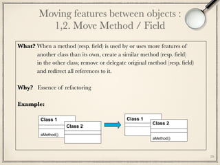 Moving features between objects : 
1,2. Move Method / Field
29
What? When a method (resp. ﬁeld) is used by or uses more features of
another class than its own, create a similar method (resp. ﬁeld) 
in the other class; remove or delegate original method (resp. ﬁeld) 
and redirect all references to it. 
Why? Essence of refactoring 
Example:
	
Class 1
aMethod()
Class 2
Class 1
Class 2
aMethod()
 