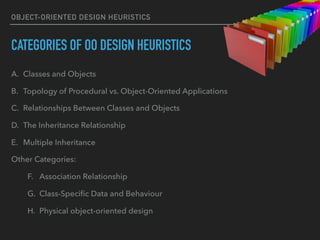 OBJECT-ORIENTED DESIGN HEURISTICS
CATEGORIES OF OO DESIGN HEURISTICS
A. Classes and Objects
B. Topology of Procedural vs. Object-Oriented Applications
C. Relationships Between Classes and Objects
D. The Inheritance Relationship
E. Multiple Inheritance
Other Categories:
F. Association Relationship
G. Class-Speciﬁc Data and Behaviour
H. Physical object-oriented design
5
 