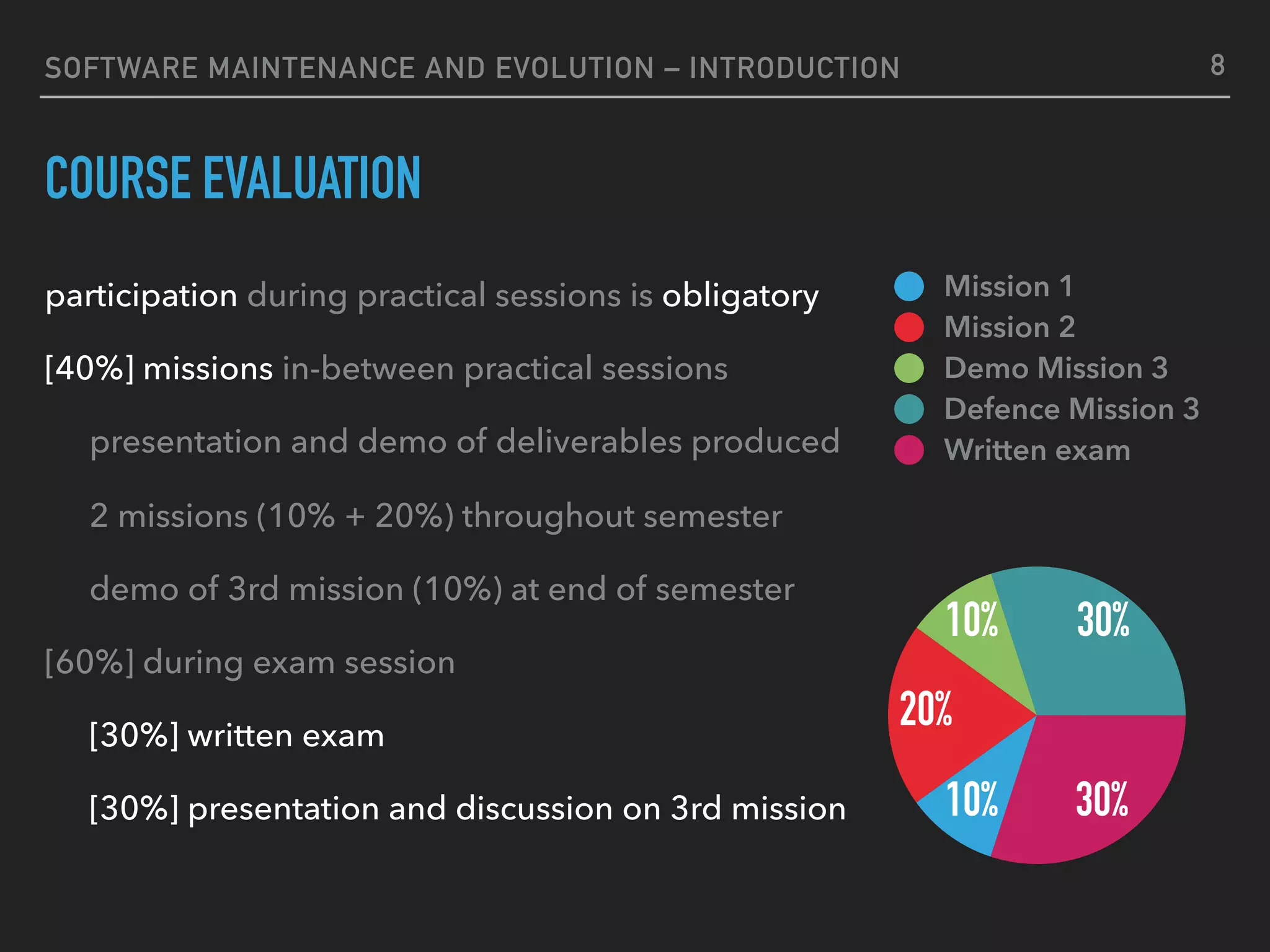 SOFTWARE MAINTENANCE AND EVOLUTION – INTRODUCTION
COURSE EVALUATION
participation during practical sessions is obligatory
[40%] missions in-between practical sessions
presentation and demo of deliverables produced
2 missions (10% + 20%) throughout semester
demo of 3rd mission (10%) at end of semester
[60%] during exam session
[30%] written exam
[30%] presentation and discussion on 3rd mission
8
30%
30%10%
20%
10%
Mission 1
Mission 2
Demo Mission 3
Defence Mission 3
Written exam
 