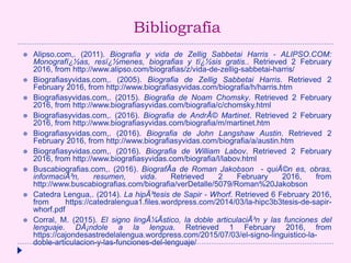 Bibliografía
 Alipso.com,. (2011). Biografia y vida de Zellig Sabbetai Harris - ALIPSO.COM:
Monografï¿½as, resï¿½menes, biografias y tï¿½sis gratis.. Retrieved 2 February
2016, from http://www.alipso.com/biografias/z/vida-de-zellig-sabbetai-harris/
 Biografiasyvidas.com,. (2005). Biografia de Zellig Sabbetai Harris. Retrieved 2
February 2016, from http://www.biografiasyvidas.com/biografia/h/harris.htm
 Biografiasyvidas.com,. (2015). Biografia de Noam Chomsky. Retrieved 2 February
2016, from http://www.biografiasyvidas.com/biografia/c/chomsky.html
 Biografiasyvidas.com,. (2016). Biografia de AndrÃ© Martinet. Retrieved 2 February
2016, from http://www.biografiasyvidas.com/biografia/m/martinet.htm
 Biografiasyvidas.com,. (2016). Biografia de John Langshaw Austin. Retrieved 2
February 2016, from http://www.biografiasyvidas.com/biografia/a/austin.htm
 Biografiasyvidas.com,. (2016). Biografia de William Labov. Retrieved 2 February
2016, from http://www.biografiasyvidas.com/biografia/l/labov.html
 Buscabiografias.com,. (2016). BiografÃa de Roman Jakobson - quiÃ©n es, obras,
informaciÃ³n, resumen, vida. Retrieved 2 February 2016, from
http://www.buscabiografias.com/biografia/verDetalle/5079/Roman%20Jakobson
 Catedra Lengua,. (2014). La hipÃ³tesis de Sapir - Whorf. Retrieved 6 February 2016,
from https://catedralengua1.files.wordpress.com/2014/03/la-hipc3b3tesis-de-sapir-
whorf.pdf
 Corral, M. (2015). El signo lingÃ¼Ãstico, la doble articulaciÃ³n y las funciones del
lenguaje. DÃ¡ndole a la lengua. Retrieved 1 February 2016, from
https://cajondesastredelalengua.wordpress.com/2015/07/03/el-signo-linguistico-la-
doble-articulacion-y-las-funciones-del-lenguaje/
 