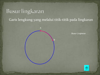 Garis lengkung yang melalui titik-titik pada lingkaran
Busur Lingkaran
A
B
 