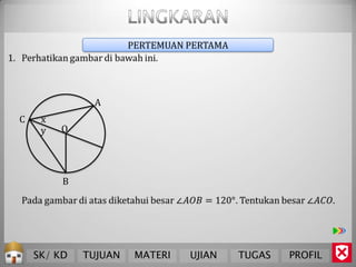 PERTEMUAN PERTAMA




              A
C    x
     y   O




         B




    SK/ KD   TUJUAN    MATERI   UJIAN     TUGAS   PROFIL
 