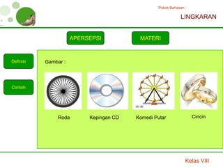 Pokok Bahasan :

                                                            LINGKARAN


                      APERSEPSI           MATERI



Definisi   Gambar :




Contoh




                Roda       Kepingan CD   Komedi Putar              Cincin




                                                               Kelas VIII
 