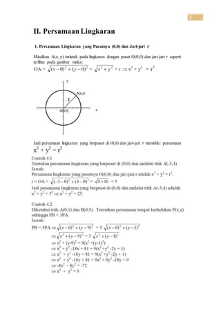 2
II. PersamaanLingkaran
1. Persamaan Lingkaran yang Pusatnya (0,0) dan Jari-jari 𝒓
Misalkan A(𝑥, 𝑦) terletak pada lingkaran dengan pusat O(0,0) dan jari-jari 𝑟 seperti
terlihat pada gambar maka:
Jadi persamaan lingkaran yang berpusat di (0,0) dan jari-jari 𝑟 memiliki persamaan
 